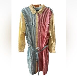 Lands End Dress 3X Plus Seersucker Color block Button Up Long Sleeve Bow Vacay